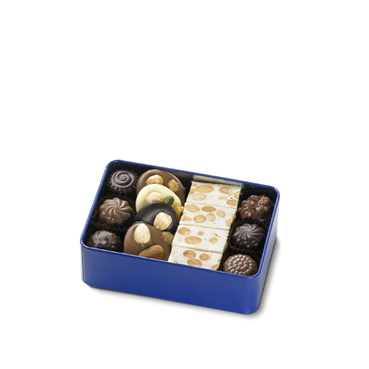 Boîte métal garnie de carrés de chocolat noir 240g